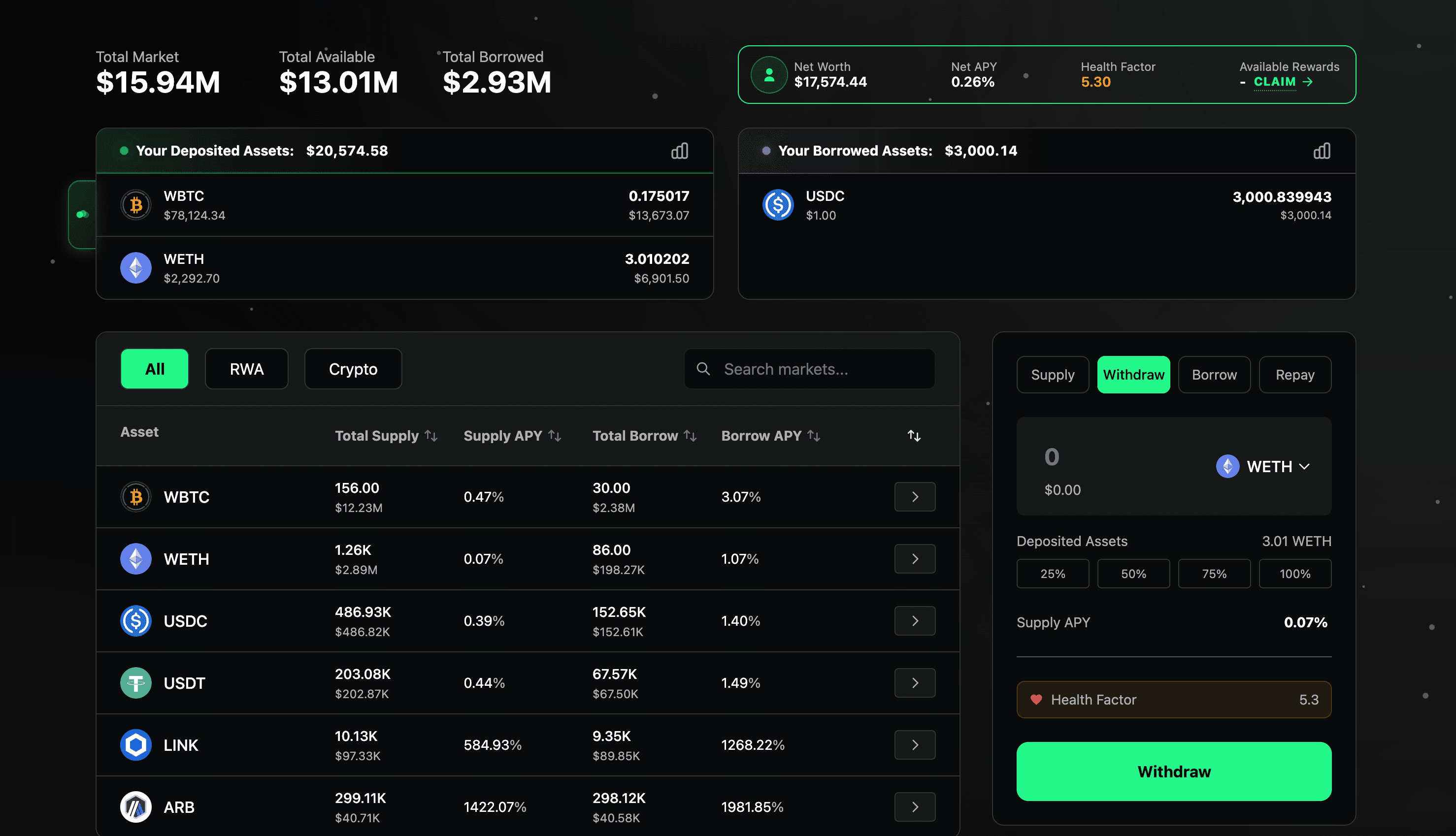 ZonaLend Withdraw Interface